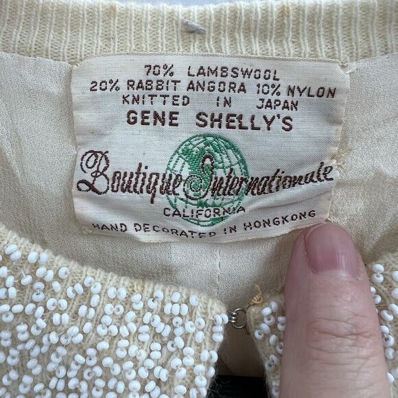 Vintage Gene Shelly's Cream Beaded Fringe Cardigan Sweater Womens Medium - Picture 14 of 16